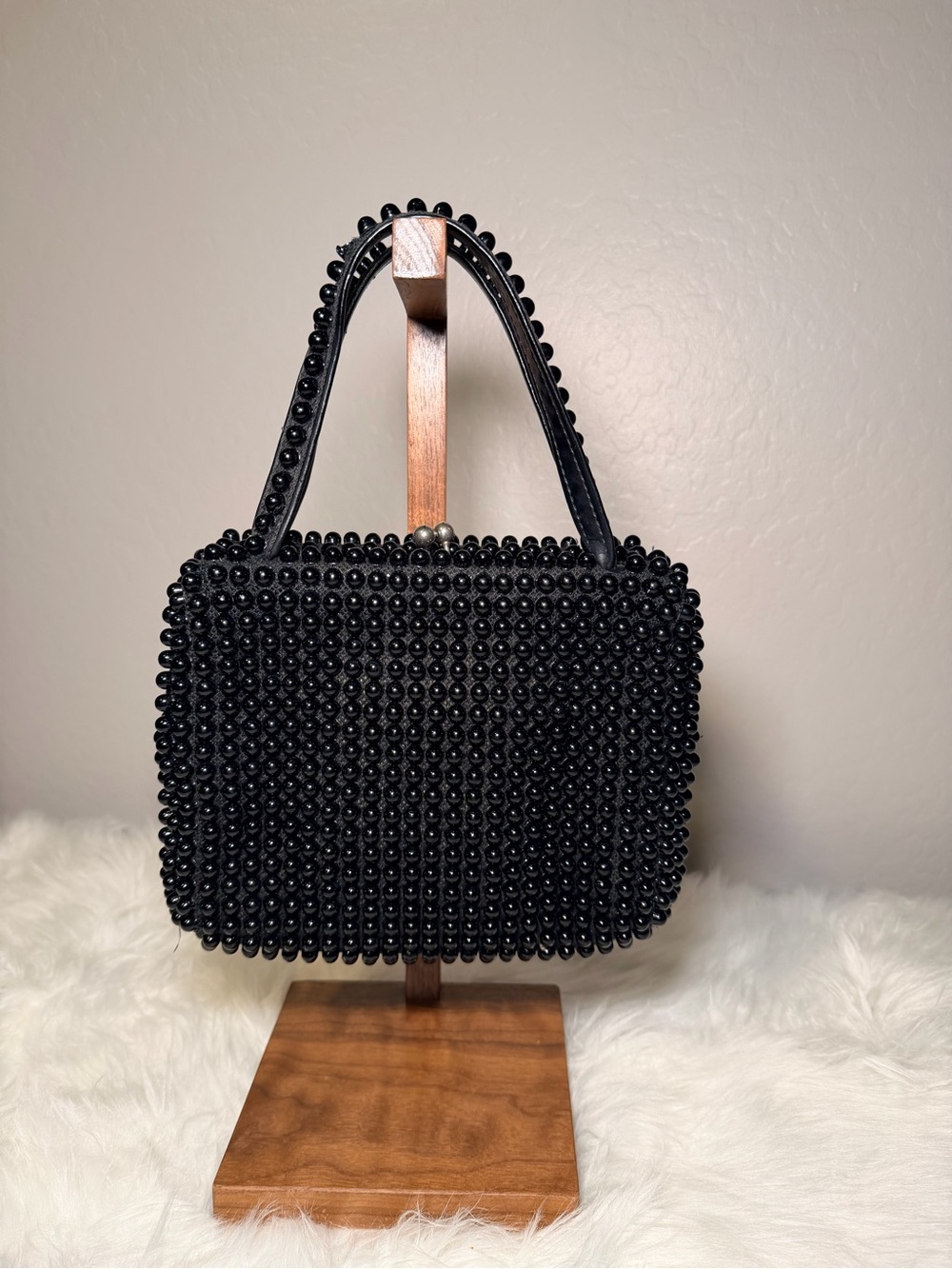 Black Beaded Top-Handle Women's Bag